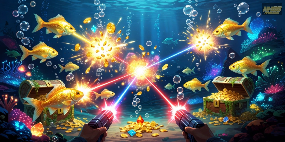Hình ảnh gameplay săn cá vàng hấp dẫn trong game bắn cá nh88 với hiệu ứng nổ thưởng rực rỡ.