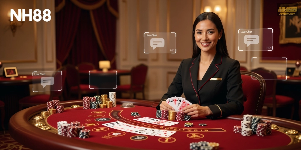 Hình minh họa khái niệm baccarat live casino nh88 với dealer chuyên nghiệp và bàn chơi hiện đại