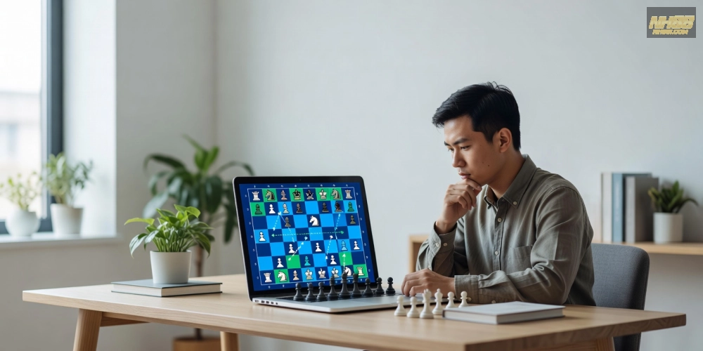 Minh họa khái niệm cơ bản về hướng dẫn chơi cờ vua trên nền tảng nh88 với bàn cờ ảo