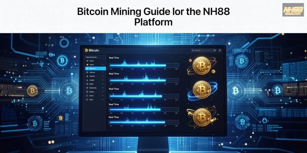 Minh họa khái niệm đào Bitcoin trên nền tảng nh88 với giao diện hiện đại và biểu đồ lợi nhuận