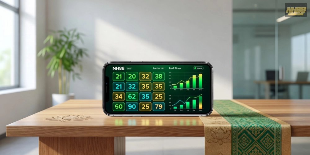 Minh họa khái niệm kết quả xổ số nh88 với biểu đồ số liệu trực quan và giao diện ứng dụng