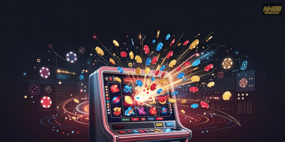 Minh họa khái niệm nổ hũ nh88 với hình ảnh slot machine hiện đại và jackpot sáng lấp lánh