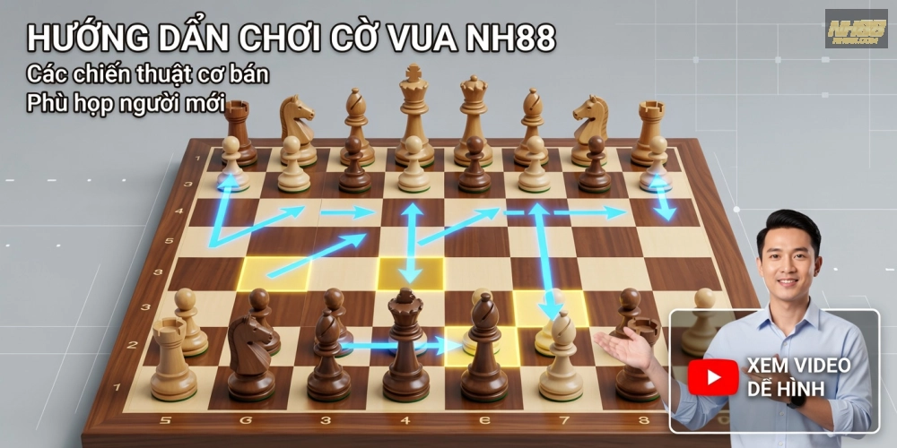 Caption hướng dẫn video chơi cờ vua nh88 với các nước đi mẫu trên bàn cờ kỹ thuật số
